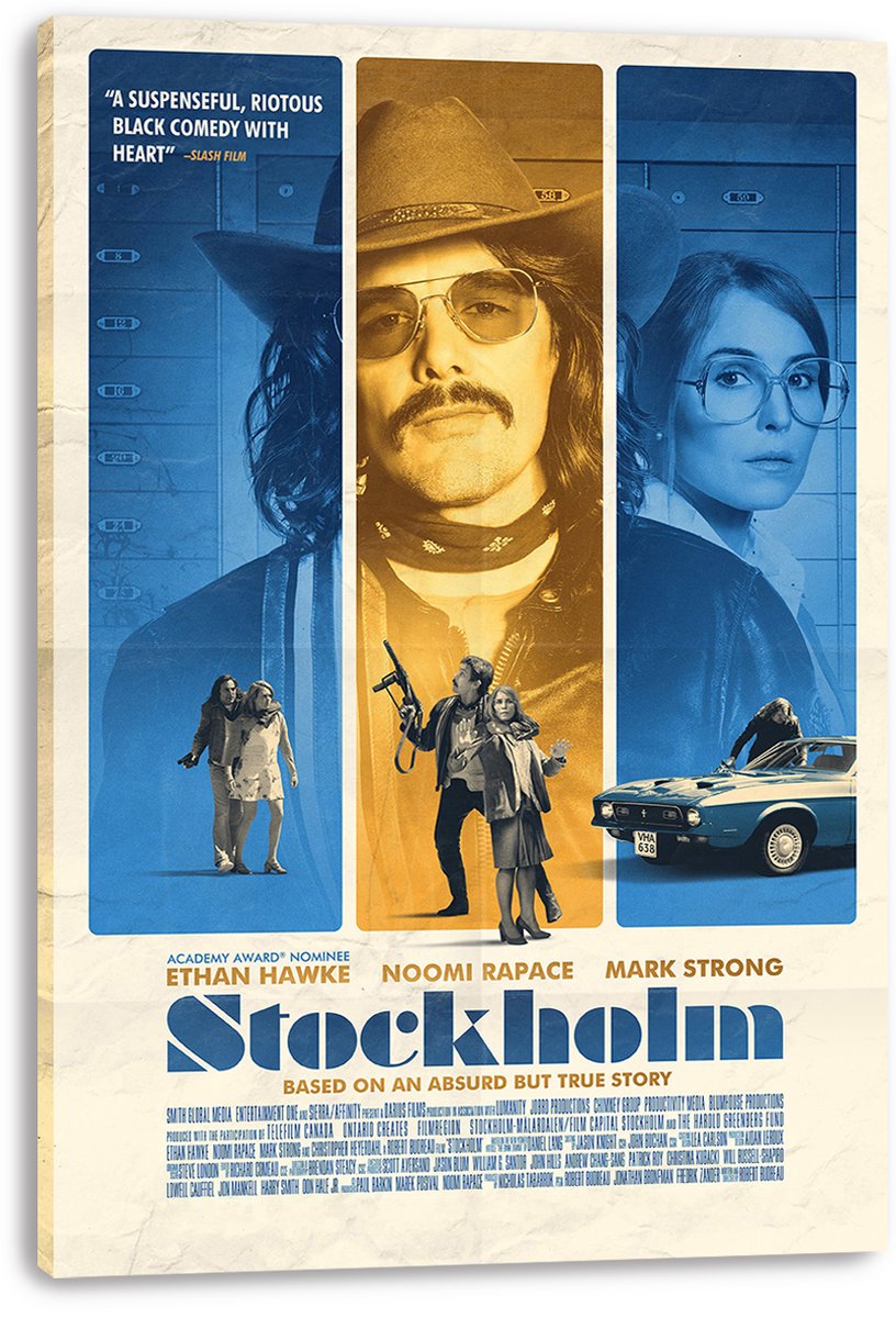 Stockholm movie poster canvas print with blue and ochre triptych portraits, hostage scenes, a car, and bold title text.