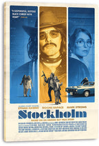 Stockholm movie poster canvas print with blue and ochre triptych portraits, hostage scenes, a car, and bold title text.