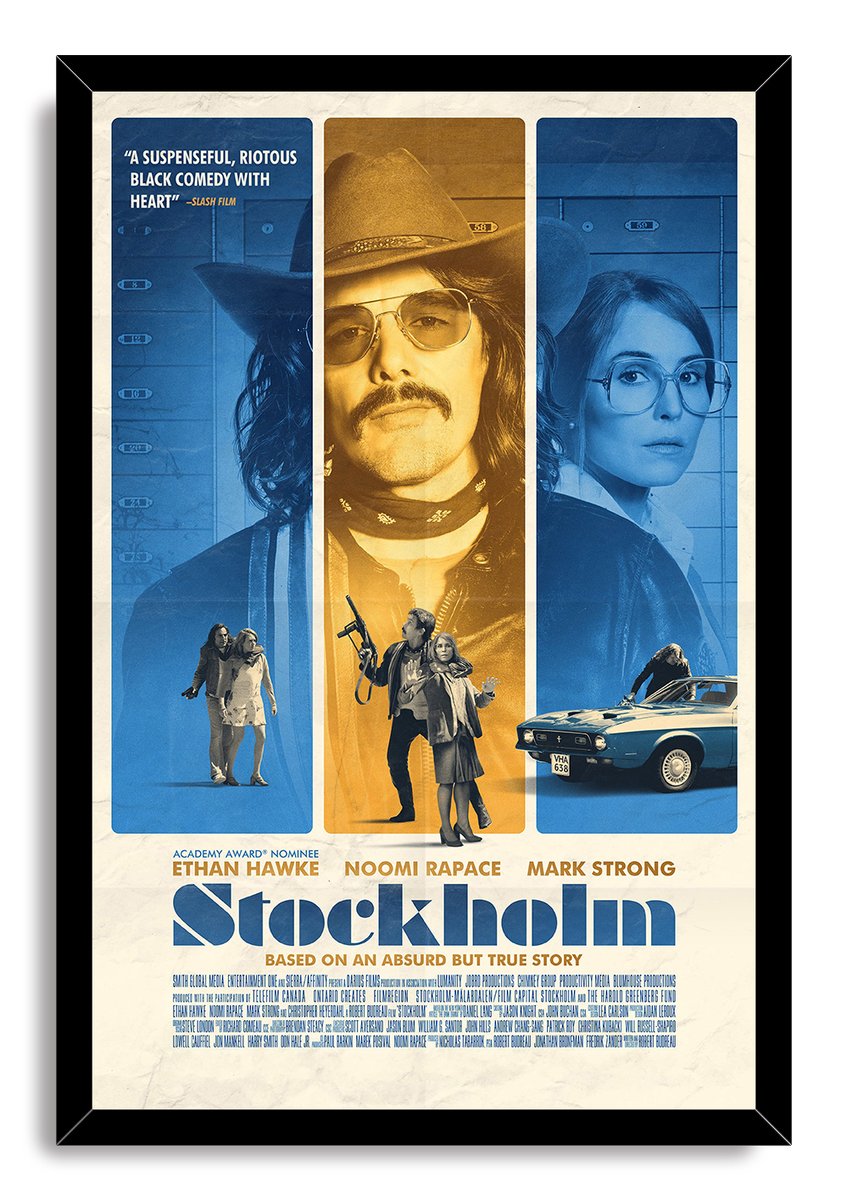 Stockholm movie poster wall art in a black frame, featuring blue and gold character panels, a gunman, couple, and car.