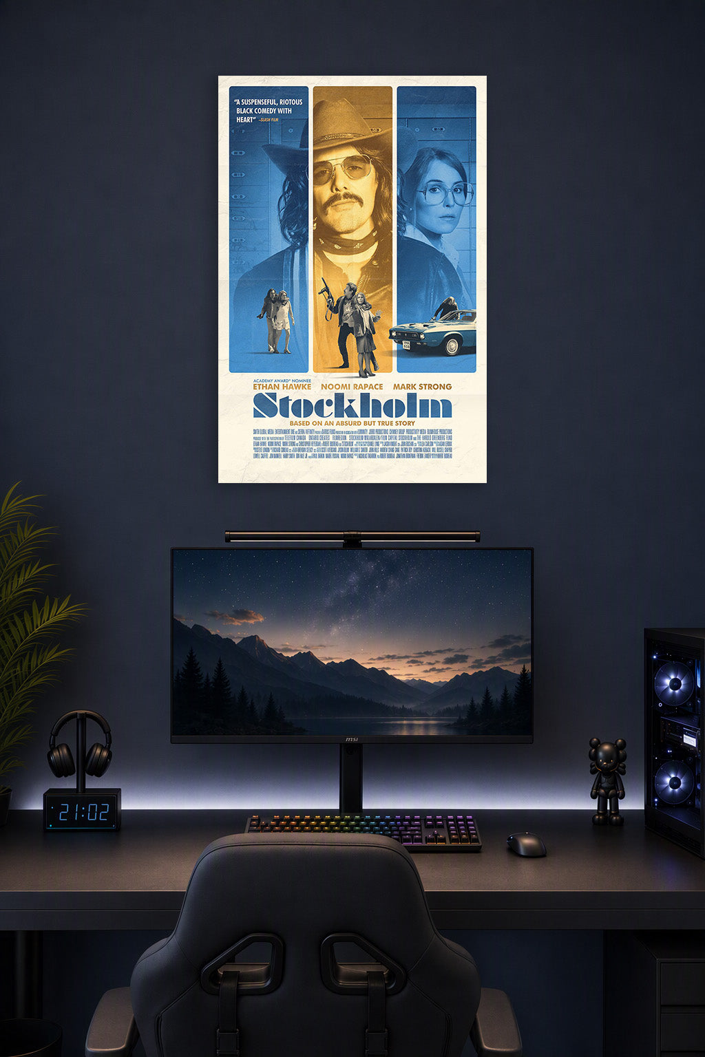 Stockholm Movie Poster in a gaming desk setup above a monitor.