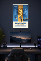 Stockholm Movie Poster in a gaming desk setup above a monitor.