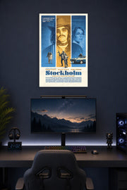 Stockholm Movie Poster in a gaming desk setup above a monitor.