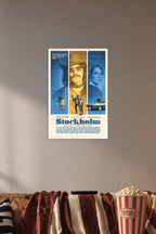 Stockholm Movie Poster in a cozy movie room above a brown sofa with popcorn.