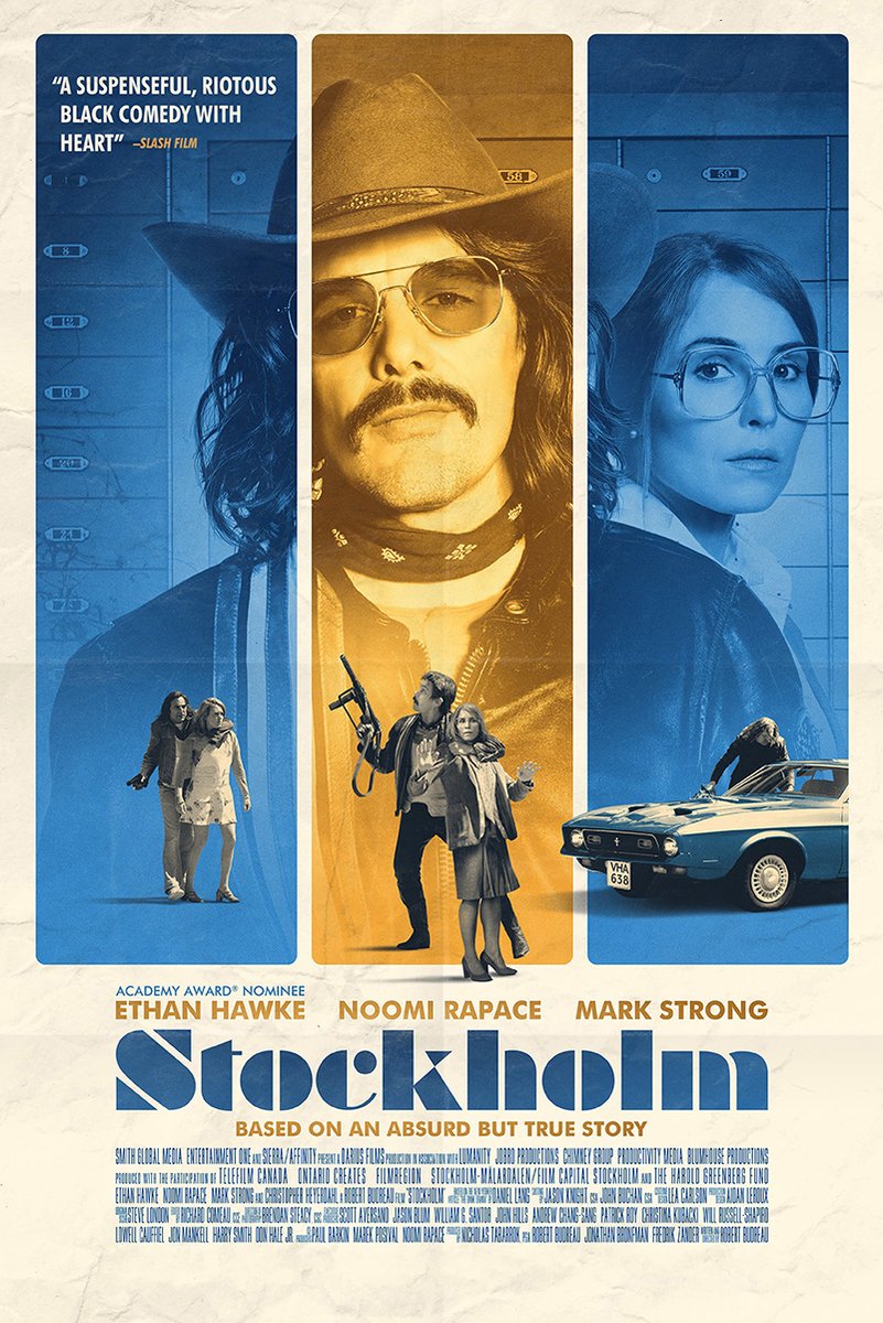 Stockholm movie poster wall art print with blue and gold panels, portraits, a gunman, hostage pair, and vintage car.