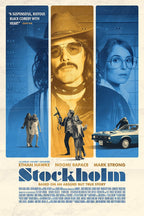 Stockholm movie poster wall art print with blue and gold panels, portraits, a gunman, hostage pair, and vintage car.