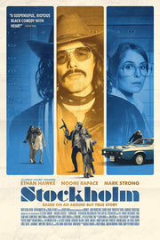 Stockholm movie poster wall art print with blue and gold panels, portraits, a gunman, hostage pair, and vintage car.