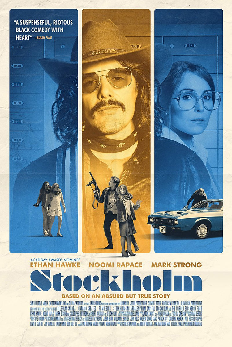 Stockholm movie poster wall art print with blue and gold panels, portraits, a gunman, hostage pair, and vintage car.