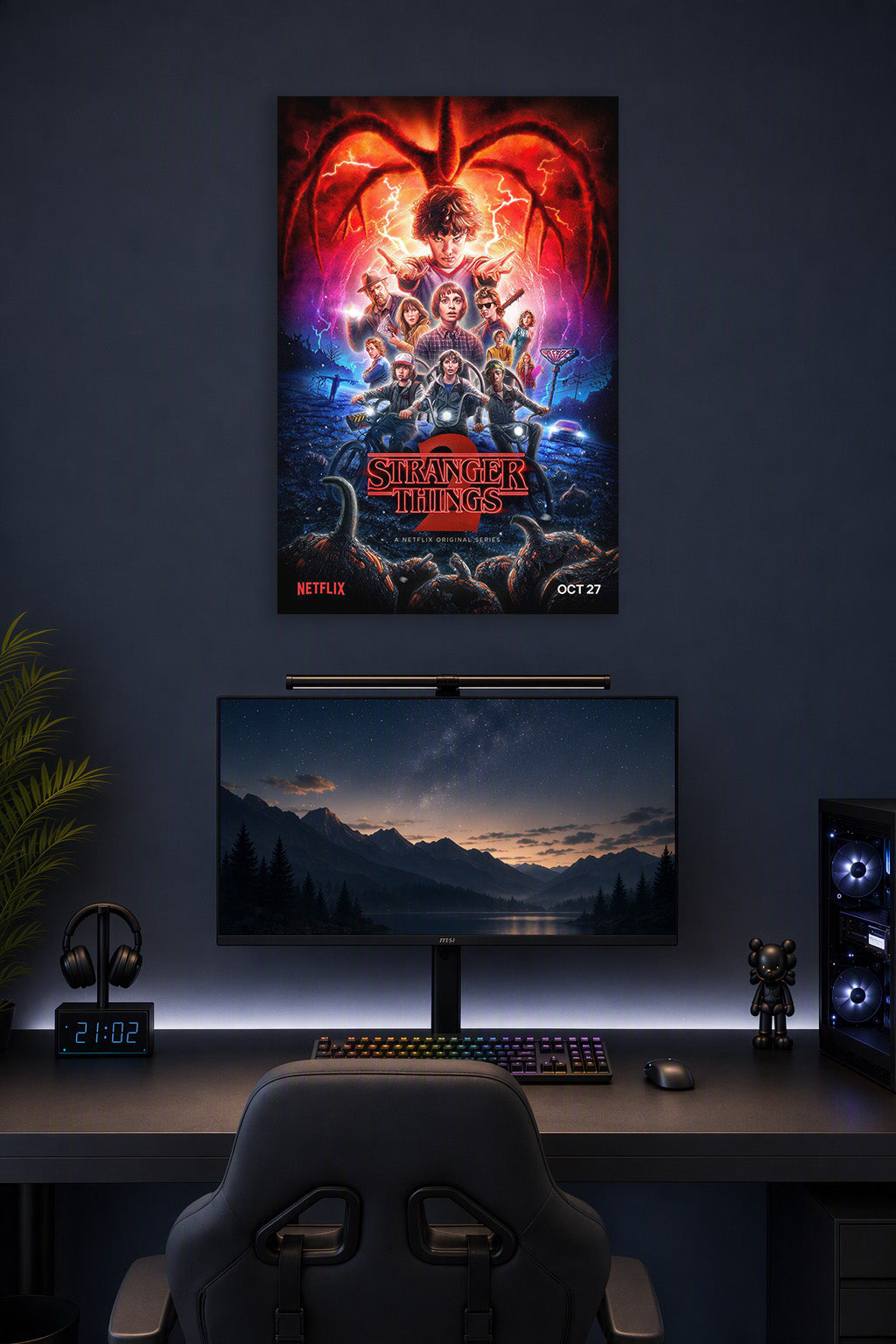 Stranger Things 2 in a gaming desk setup above a monitor.