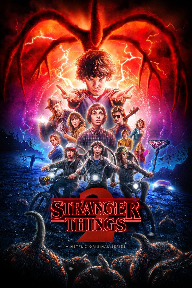Stranger Things 2 wall art print with Eleven, friends on bicycles, a red lightning sky, looming monster, and series logo.