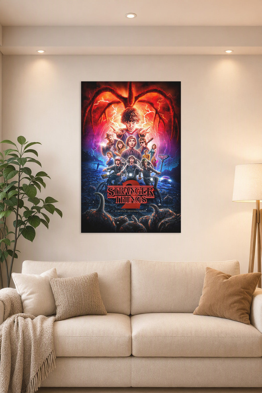 Stranger Things 2 in a bright living room above a beige sofa.