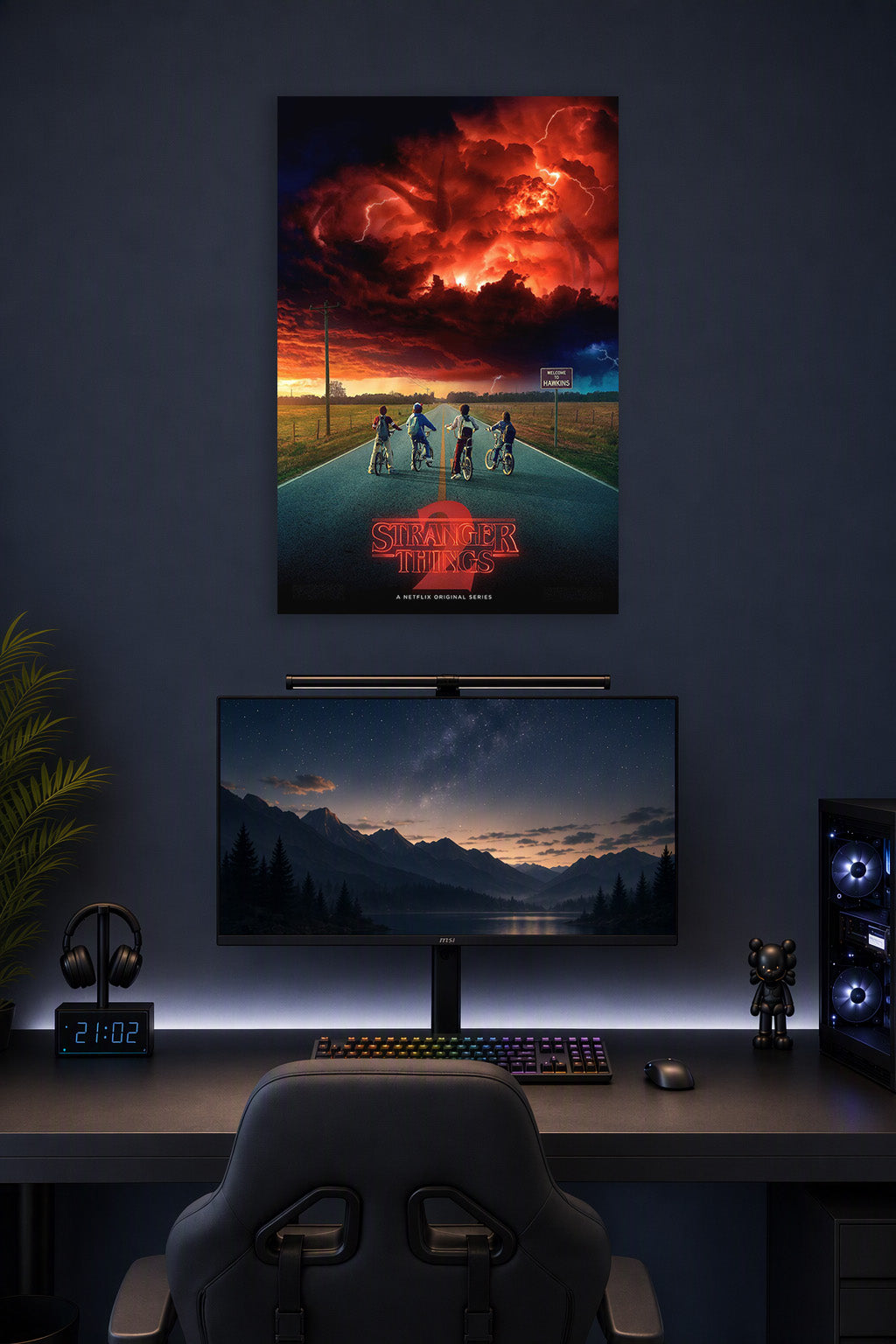 Stranger Things 2 in a gaming desk setup above a monitor.