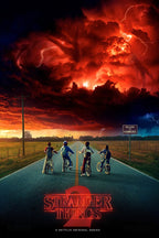 Stranger Things 2 wall art print depicts four boys on bicycles beneath a red lightning storm and a Welcome to Hawkins sign.