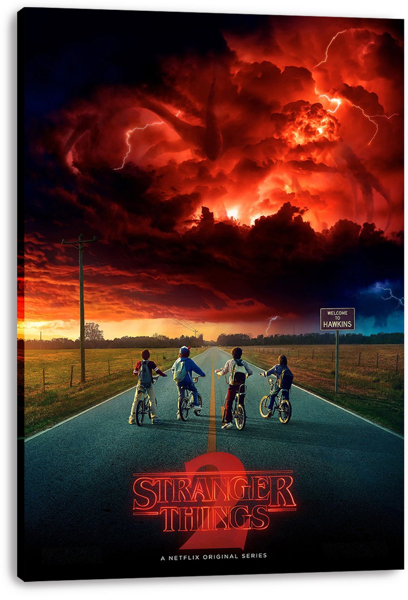 Stranger Things 2 canvas wall art print displays four cyclists on a country road below storm clouds, lightning, and a Welcome to Hawkins sign.