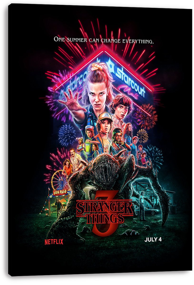 Stranger Things 3 canvas wall art print displays Eleven and the ensemble beneath Starcourt Mall neon, fireworks, and a monster.