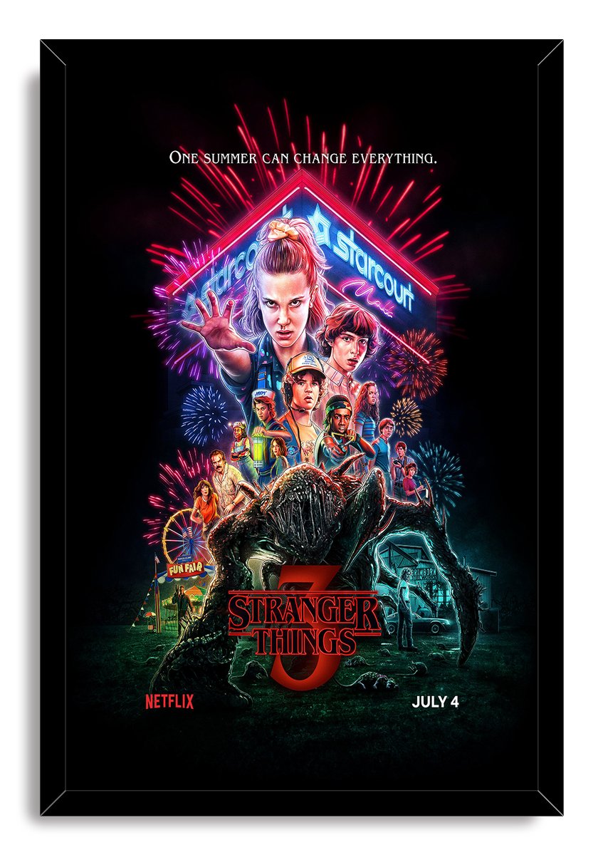 Stranger Things 3 framed wall art print depicts Eleven, the cast, colorful fireworks, Starcourt signage, and a large dark creature.