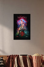 Stranger Things 3 in a cozy movie room above a brown sofa with popcorn.