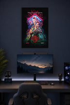 Stranger Things 3 in a gaming desk setup above a monitor.