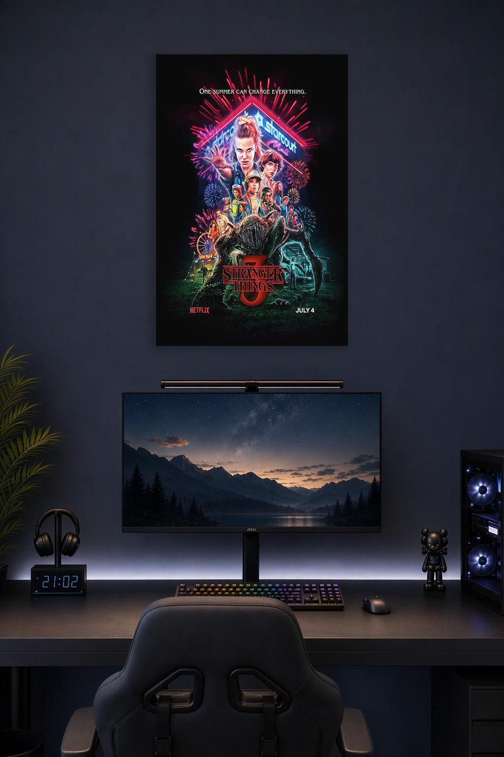Stranger Things 3 in a gaming desk setup above a monitor.