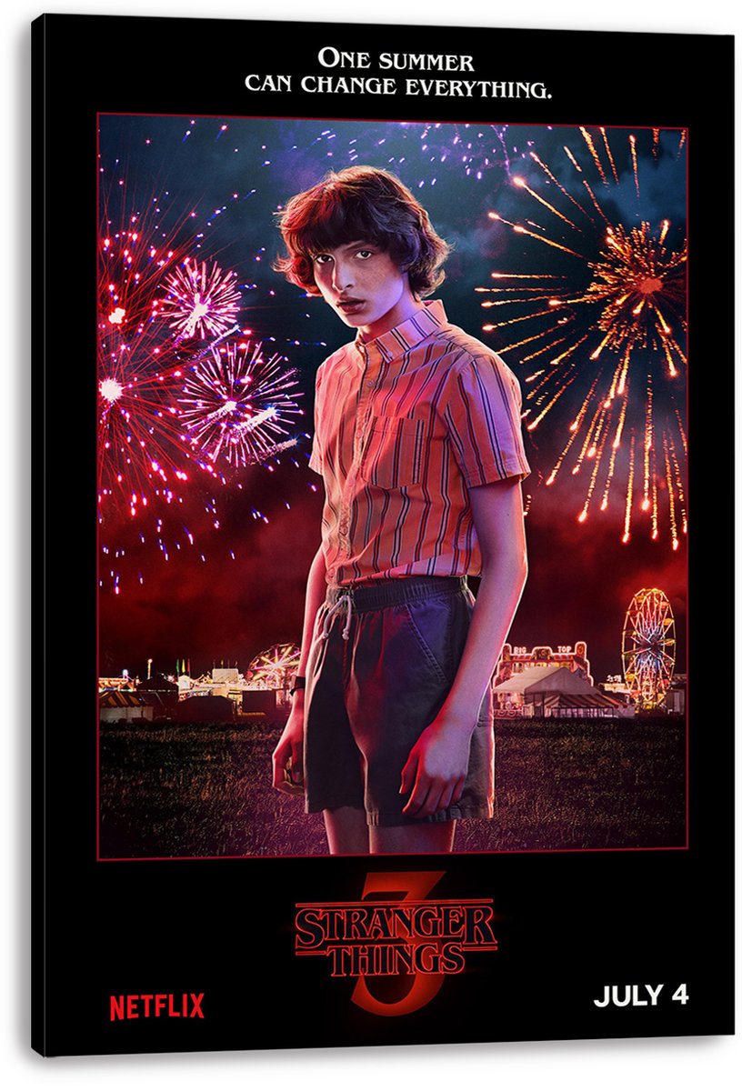 Mike Wheeler Stranger Things 3 canvas wall art print displays Mike in front of fireworks, carnival rides, and red lettering.