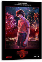 Mike Wheeler Stranger Things 3 canvas wall art print displays Mike in front of fireworks, carnival rides, and red lettering.