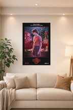 Stranger Things 3 Mike Wheeler in a bright living room above a beige sofa.