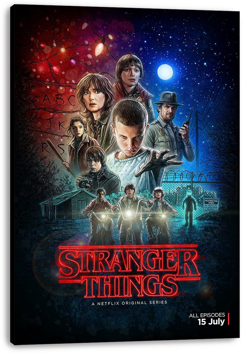 Stranger Things canvas wall art print displays Eleven and the cast beneath a starry sky, with motorcycles and glowing red logo.
