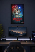 Stranger Things Cast in a gaming desk setup above a monitor.