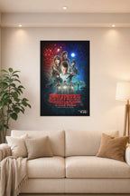 Stranger Things Cast in a bright living room above a beige sofa.