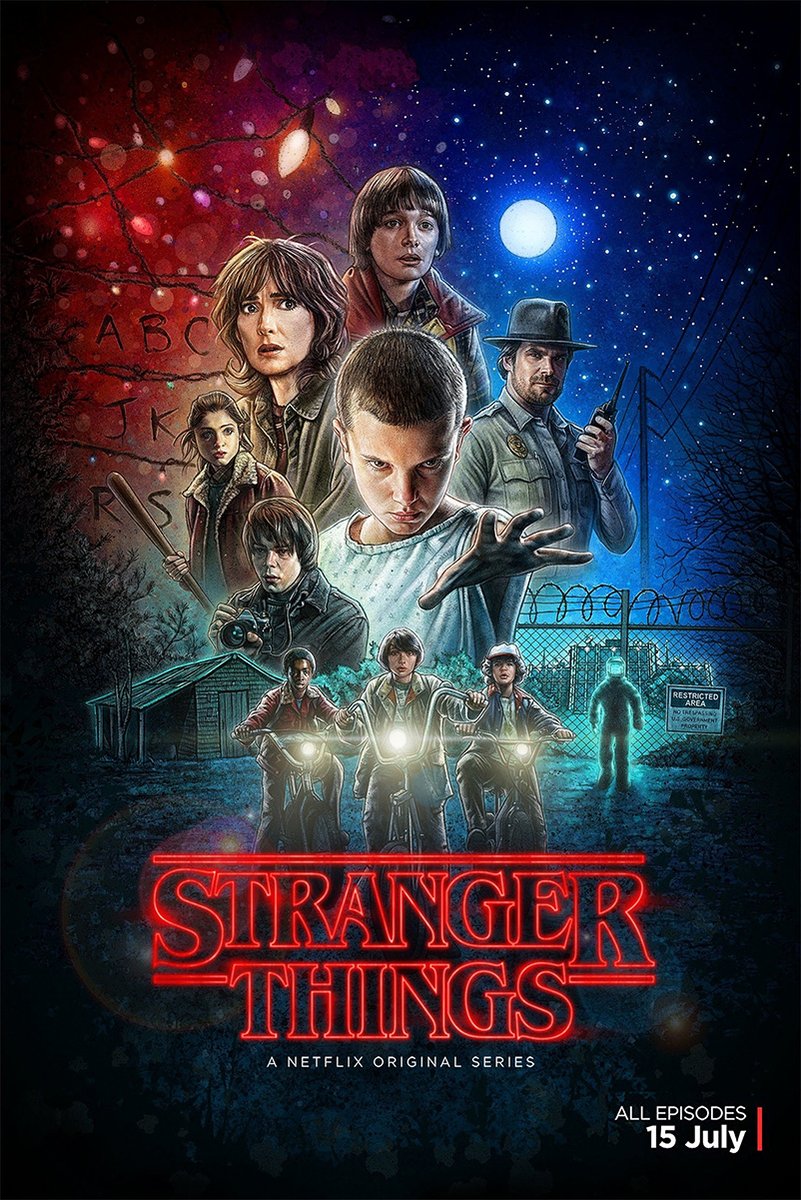 Stranger Things poster features Eleven reaching forward amid cast portraits, bikes, a moonlit fence, and red neon title text.