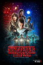 Stranger Things poster features Eleven reaching forward amid cast portraits, bikes, a moonlit fence, and red neon title text.