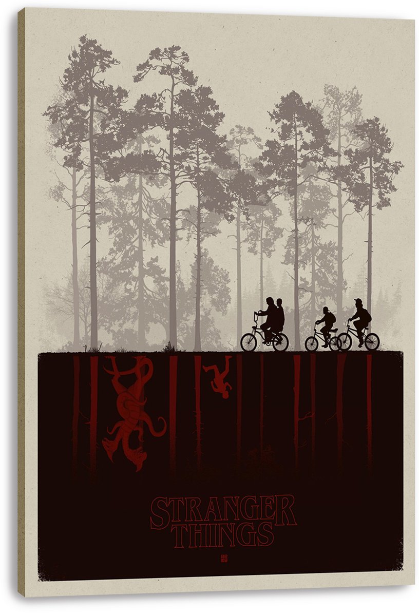 Stranger Things canvas wall art displays three cyclists in a foggy forest over red inverted figures and the series logo.
