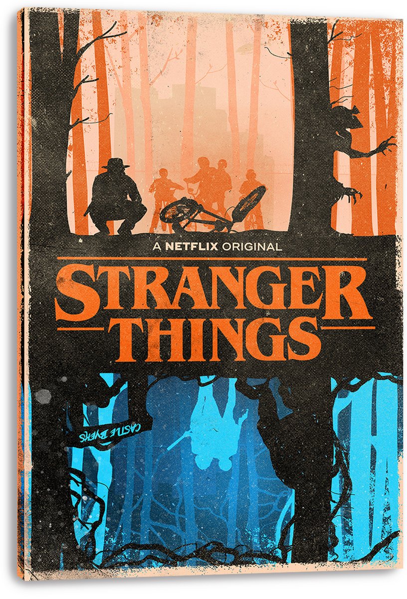 Stranger Things canvas wall art print displays distressed orange and blue forest silhouettes, cyclists, a bicycle, and a shadowy creature.