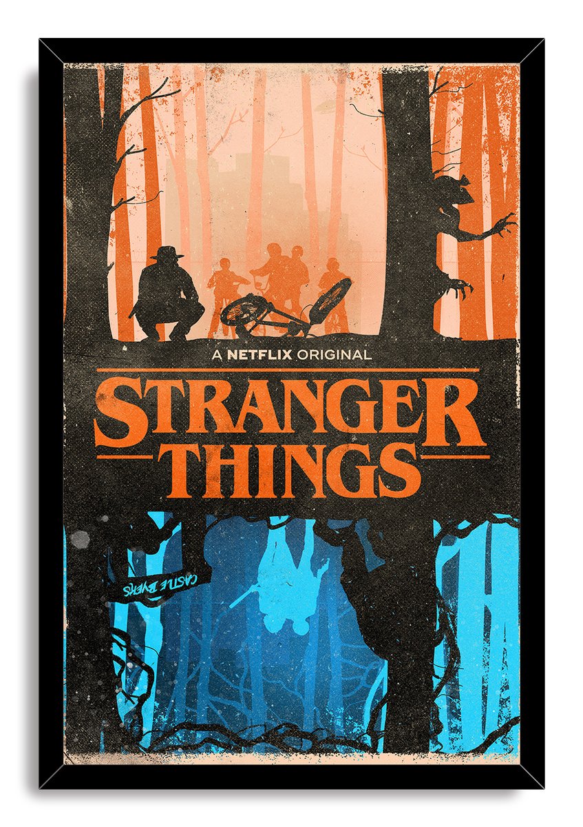 Stranger Things framed wall art print presents a distressed orange forest above blue upside-down silhouettes with a fallen bicycle.
