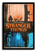 Stranger Things framed wall art print presents a distressed orange forest above blue upside-down silhouettes with a fallen bicycle.