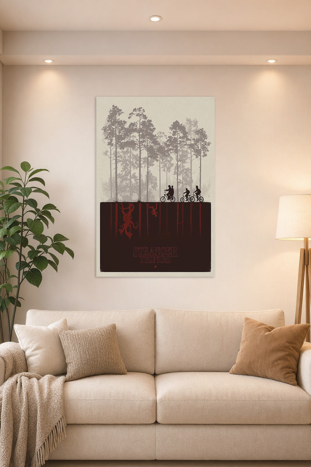Stranger Things in a bright living room above a beige sofa.