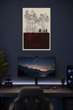 Stranger Things in a gaming desk setup above a monitor.
