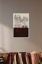 Stranger Things in a cozy movie room above a brown sofa with popcorn.