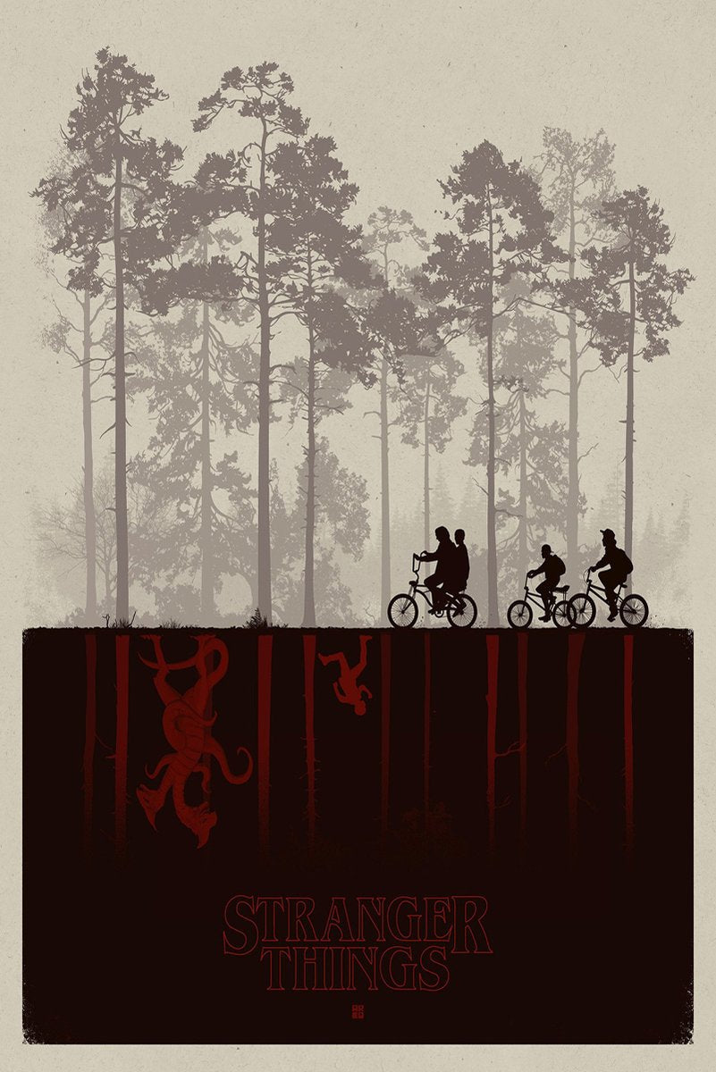 Stranger Things wall art print features silhouetted cyclists in a misty pine forest above a dark red Upside Down scene.