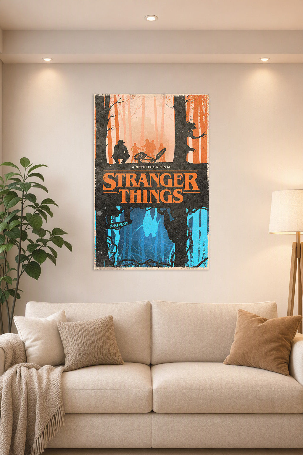 Stranger Things in a bright living room above a beige sofa.