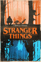 Stranger Things poster features orange forest silhouettes, a fallen bicycle, lurking monster, and blue upside-down scene.