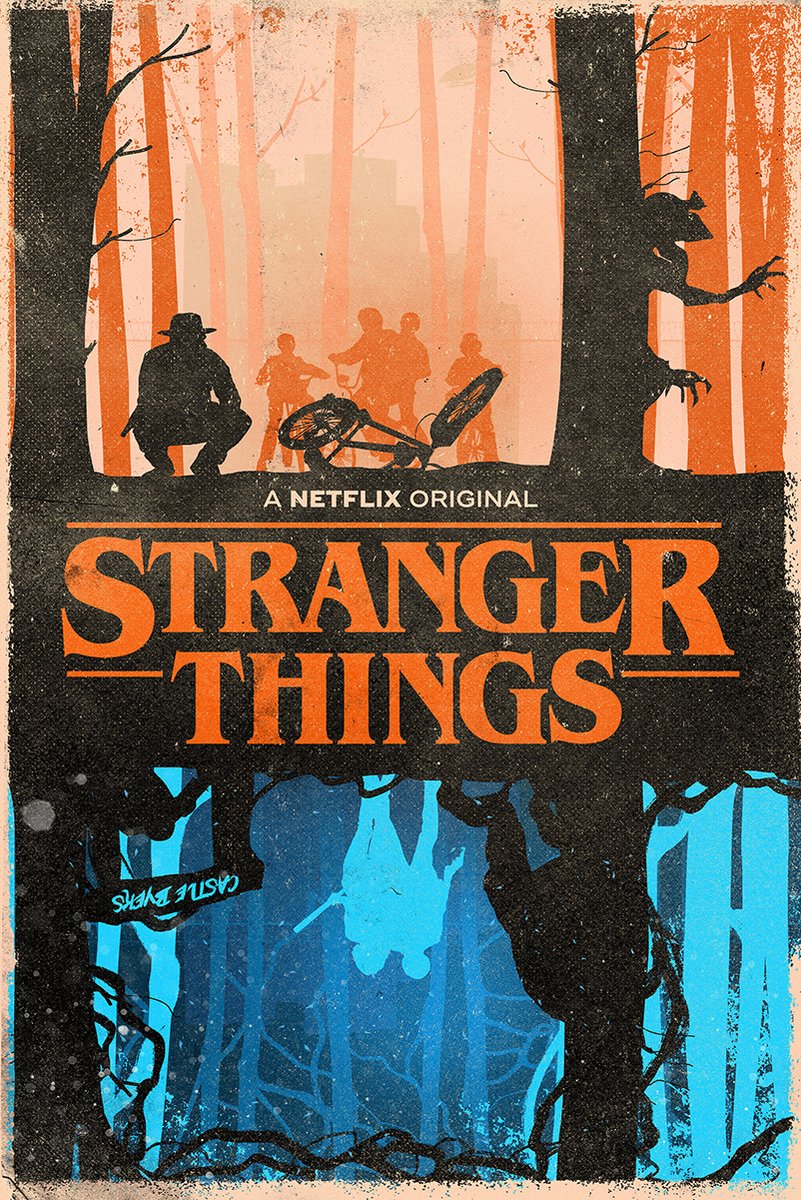 Stranger Things poster features orange forest silhouettes, a fallen bicycle, lurking monster, and blue upside-down scene.