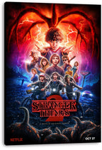 Stranger Things 2 canvas wall art print displays Eleven, the ensemble cast, bikes, lightning, and the looming red Mind Flayer.