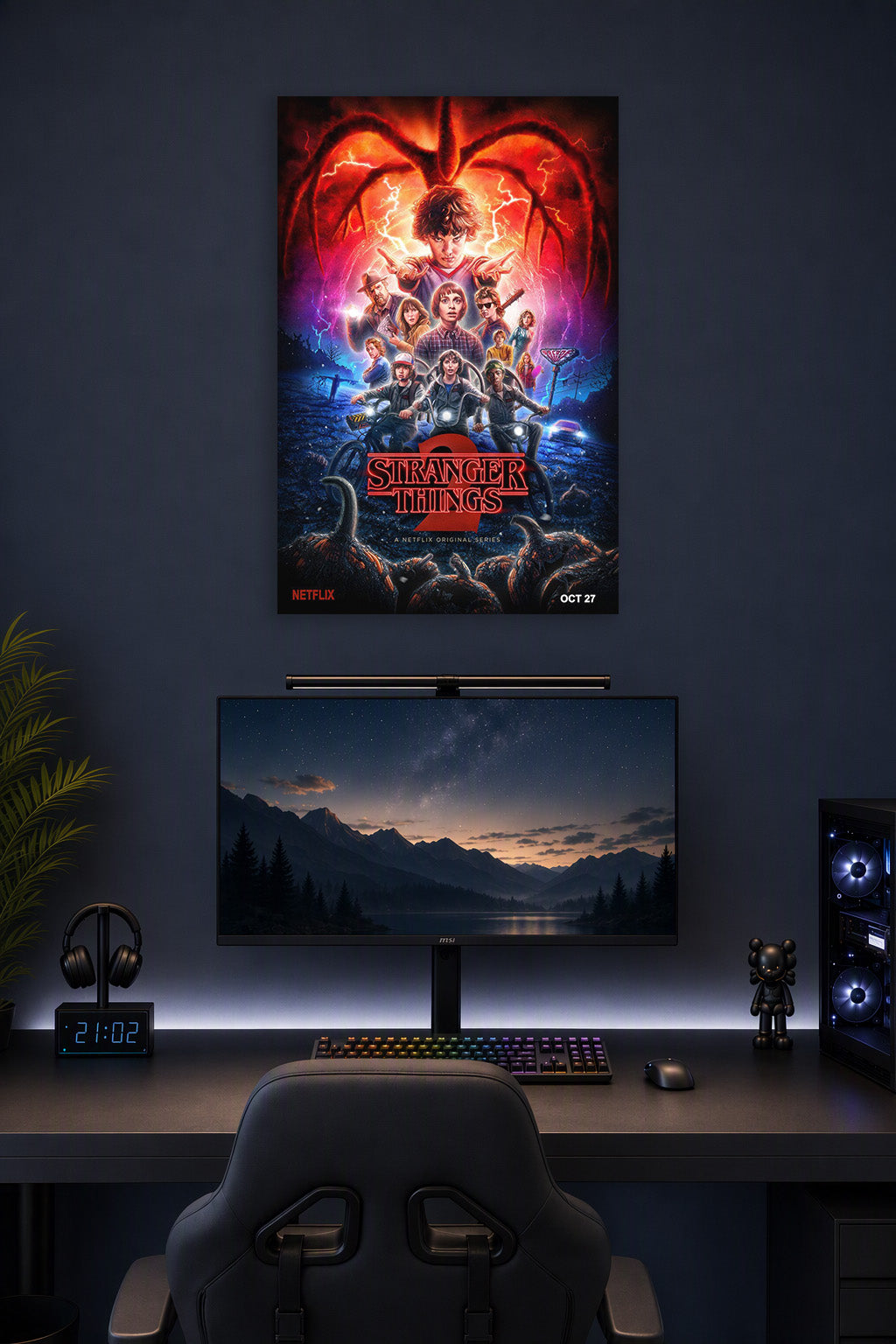 Stranger Things Season 2 Mind Flayer in a gaming desk setup above a monitor.