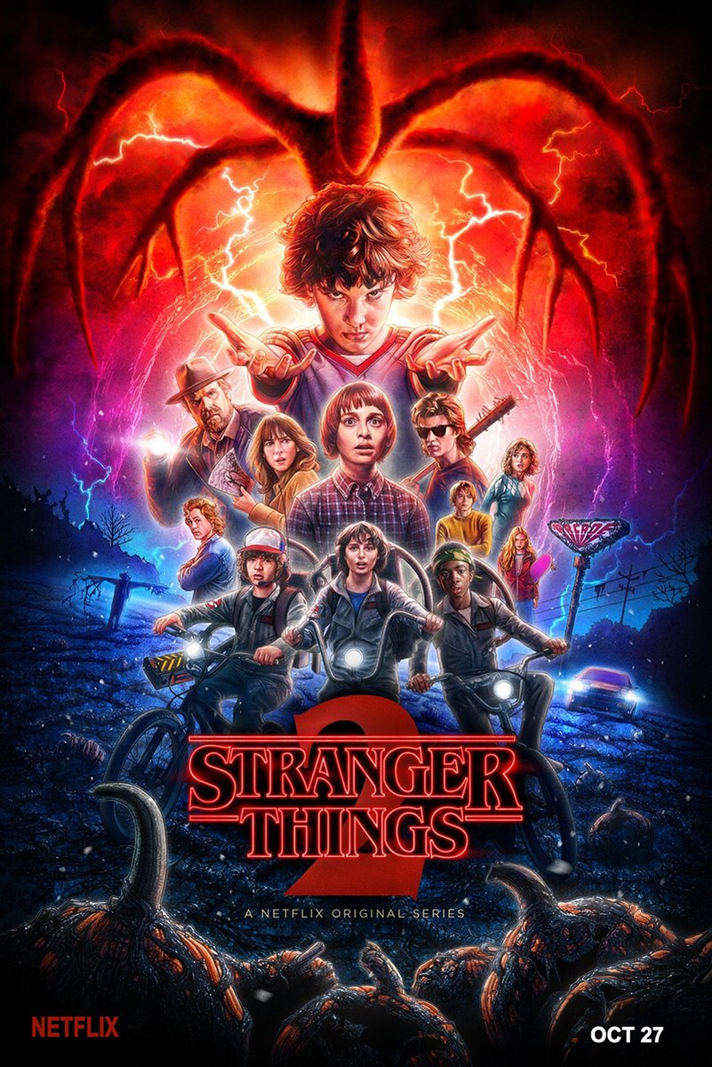Stranger Things 2 poster features Eleven reaching forward beneath the red Mind Flayer, with the cast and boys on bikes.