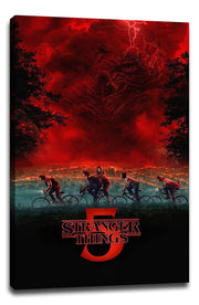 Stranger Things 5 canvas wall art print displays cyclists crossing a fiery landscape below a shadowy creature and crimson sky.