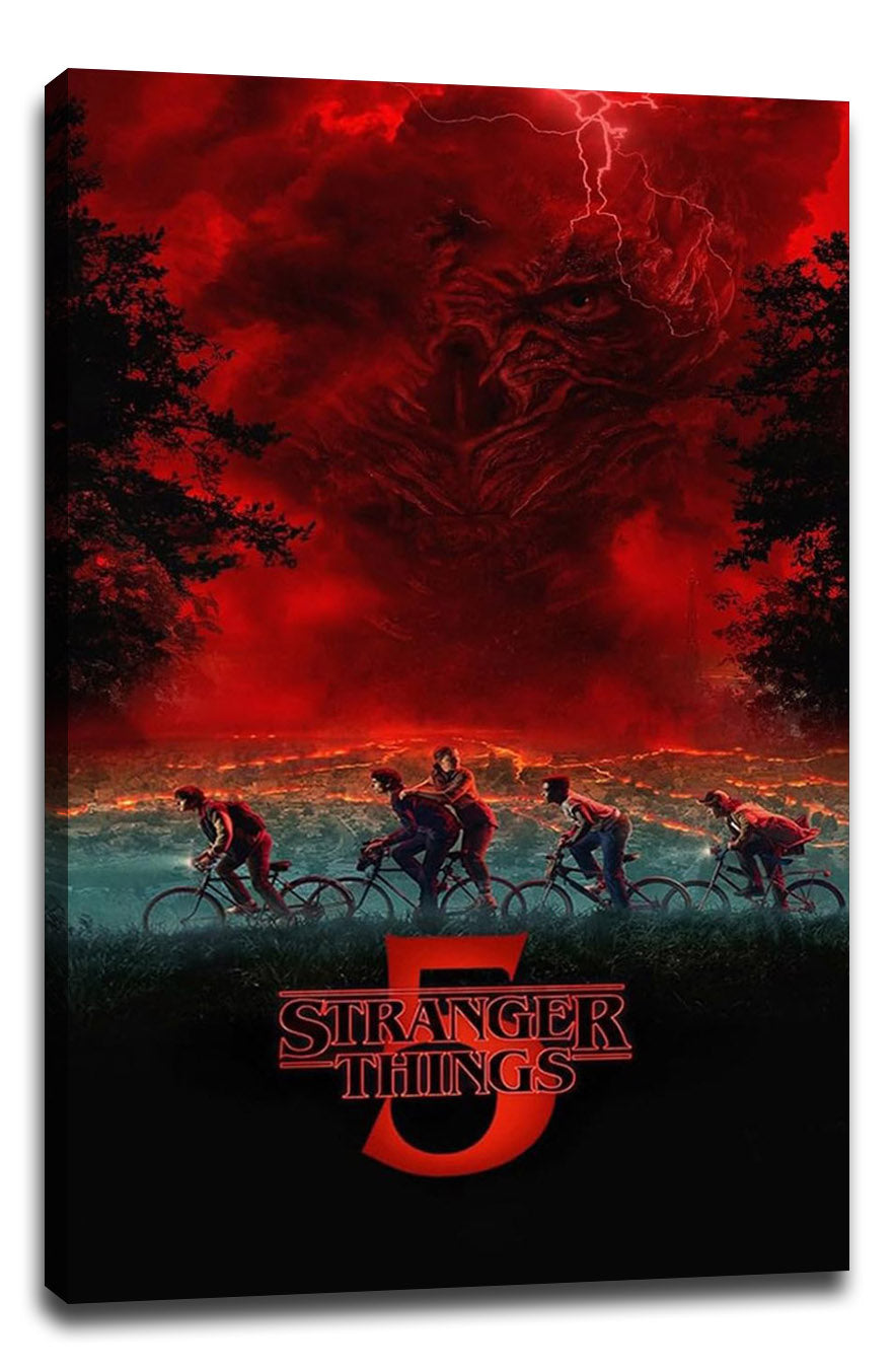 Stranger Things 5 canvas wall art print displays cyclists crossing a fiery landscape below a shadowy creature and crimson sky.