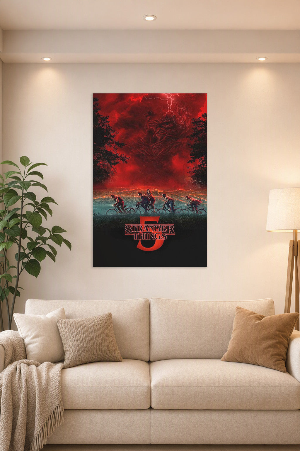 Stranger Things Season 5 TV Series in a bright living room above a beige sofa.
