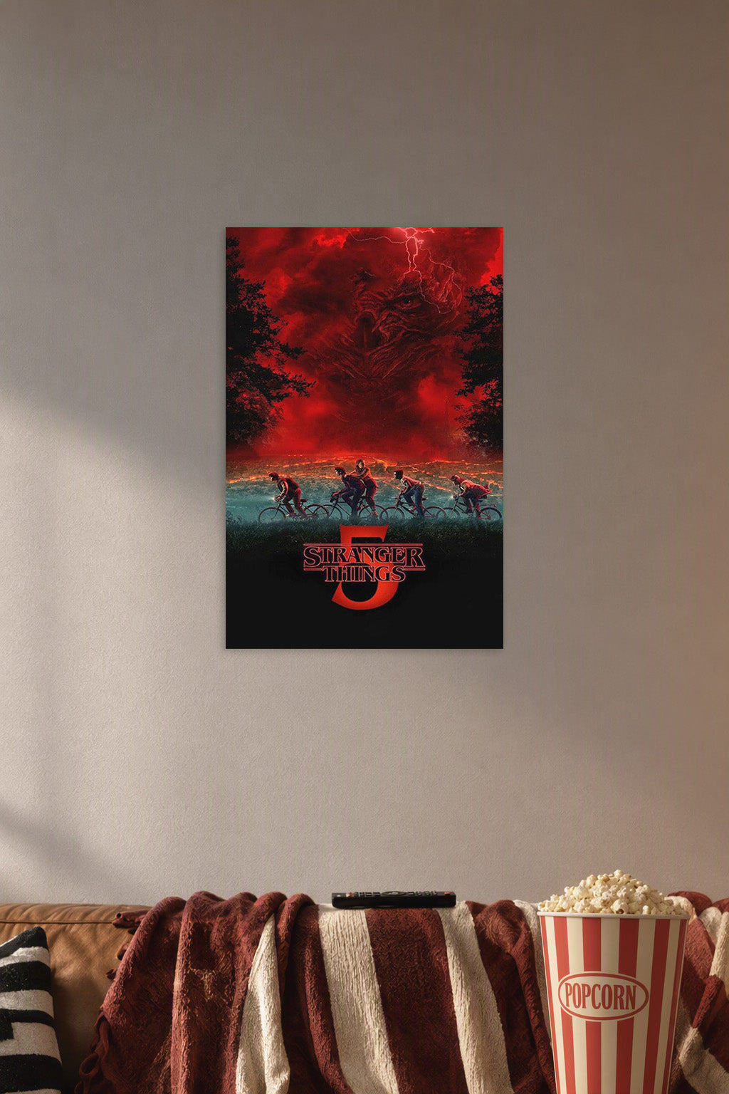 Stranger Things Season 5 TV Series in a cozy movie room above a brown sofa with popcorn.
