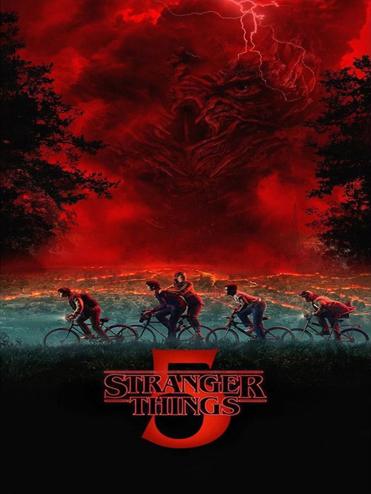 Stranger Things 5 poster features five youths riding bicycles beneath a looming monster in red storm clouds and lightning.