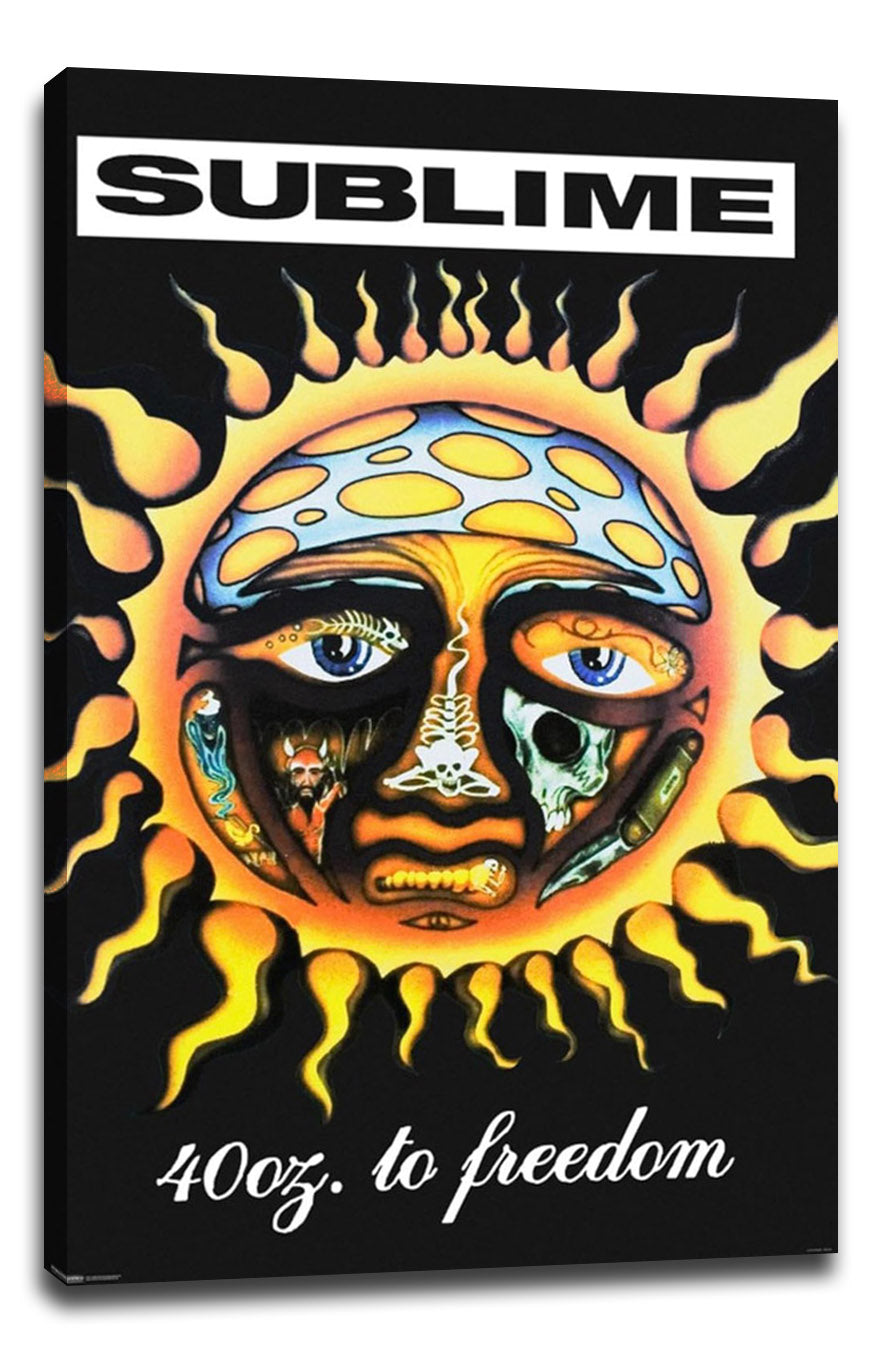 Sublime 40oz. to Freedom canvas wall art print displays a fiery sun face with blue eyes and collage-like facial details.
